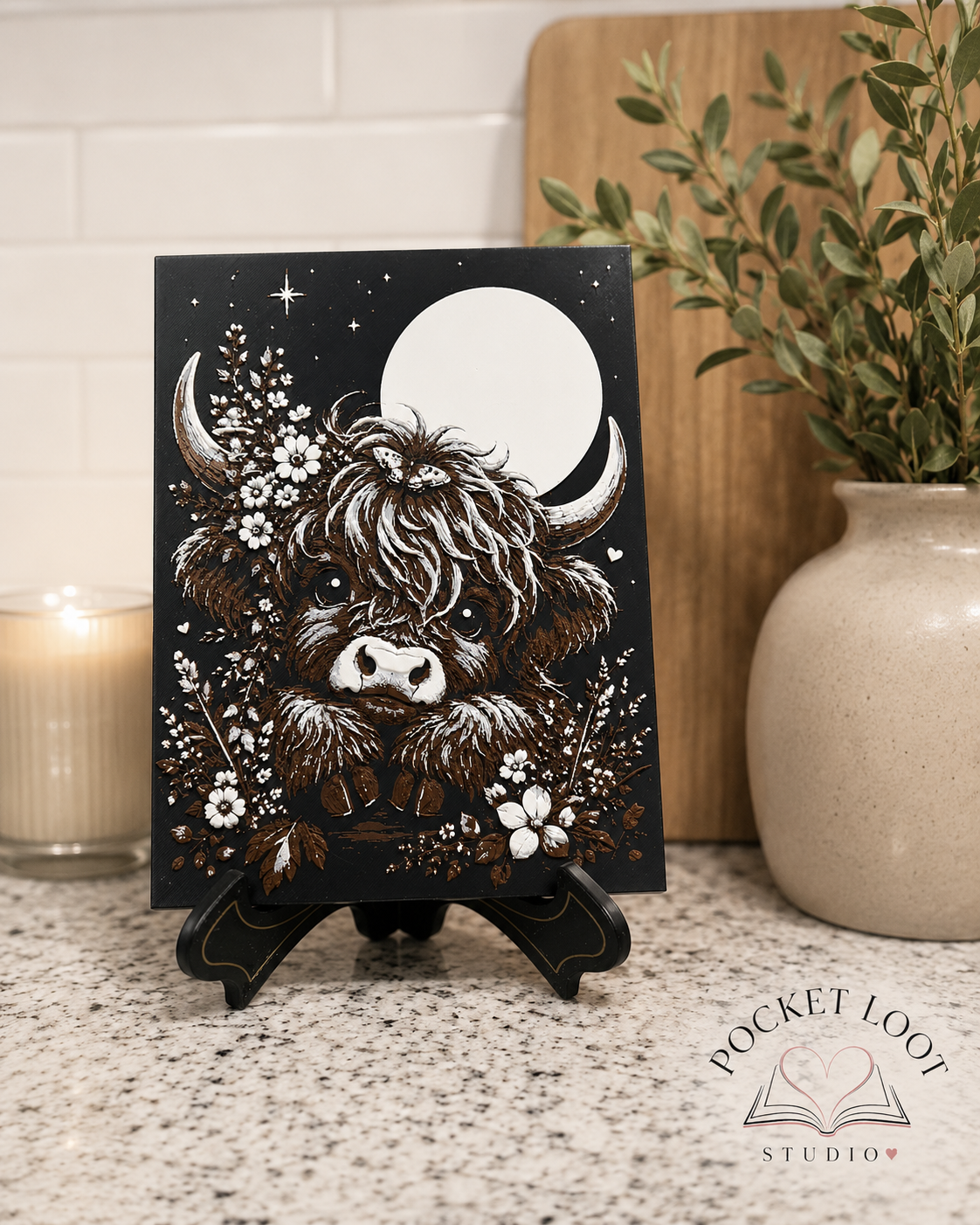 Highland Cow Under Moon | 3D Printed Art