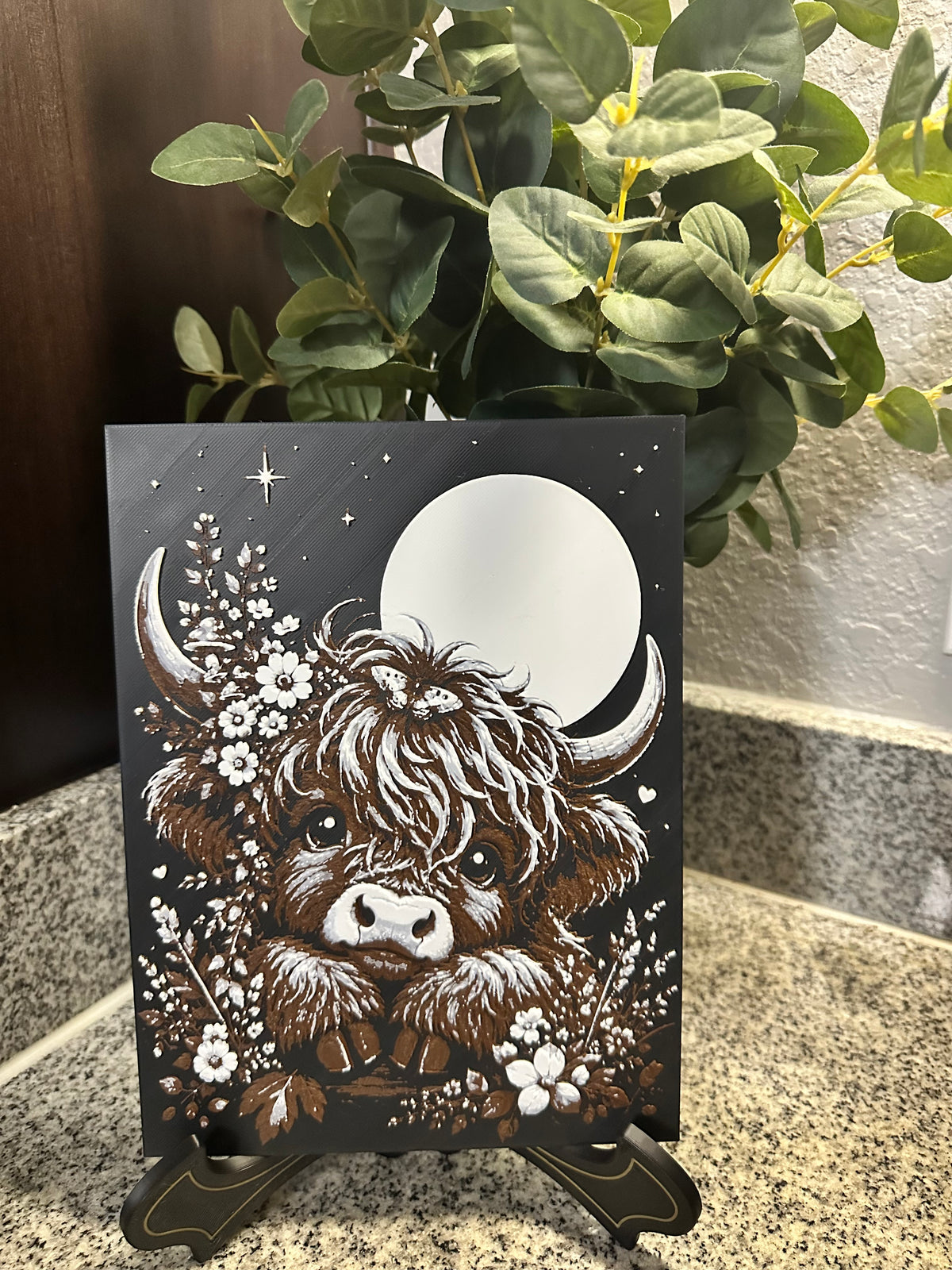 Highland Cow Under Moon | 3D Printed Art